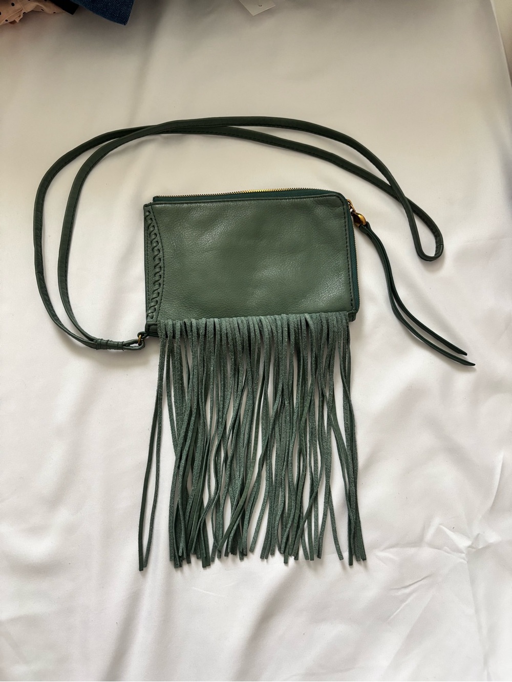 HOBO Sage Green Leather Fringed Crossbody Bag
